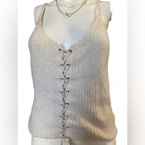 American Eagle Outfitters Cream Ribbed Lace-Up Cami Tank